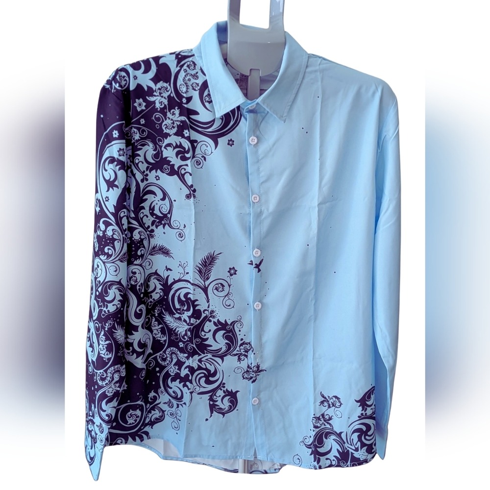 NWT💕 Men’s Light Blue Button Down Shirt with Purple Silky Baroque Floral Print